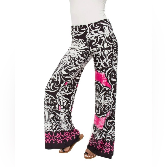NWOT White Mark White/Pink/Black Pattern Wide Leg Palazzo Pants Size Small - Picture 1 of 12